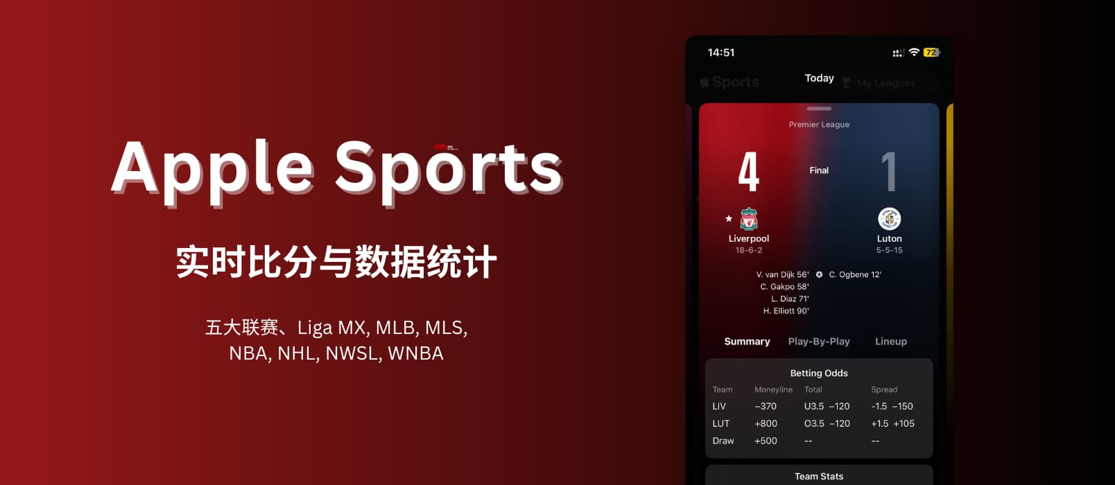 Apple Sports 发布，追踪实时你喜爱的球队和联赛比分和统计数据，包括五大联赛、NBA、MLB、MLS 等，无国内联赛[iPhone]