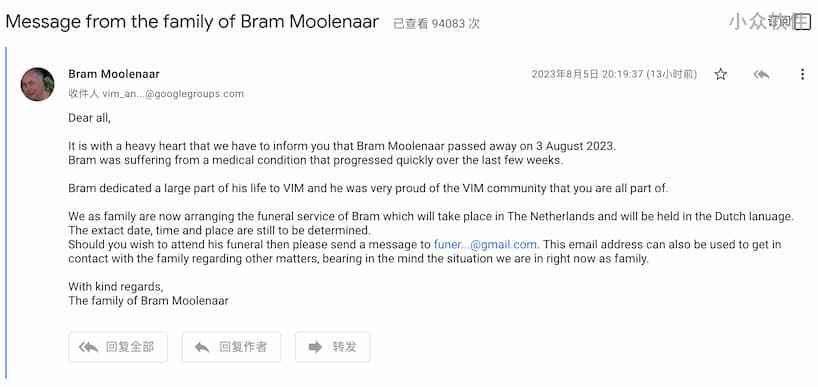 有着 31 年历史的著名文本编辑器 VIM 开发者 Bram Moolenaar 去世 1