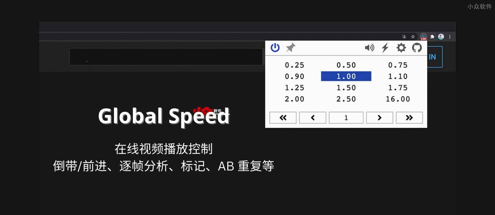 Global Speed - 在线视频播放控制：倍速、倒带/前进、逐帧分析、标记、AB 重复等[Chrome/Firefox]