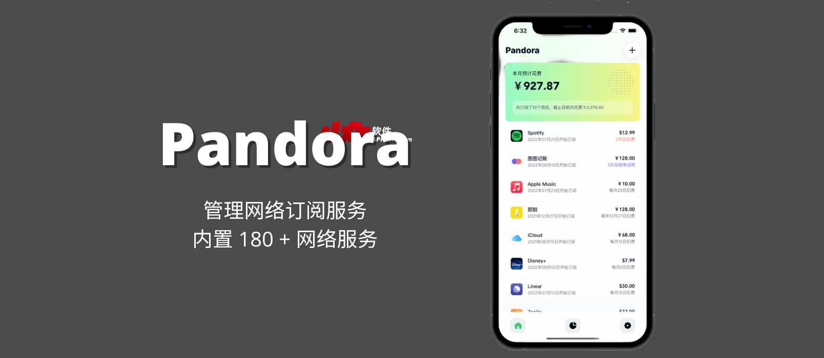 Pandora – 管理网络付费订阅，内置 180 + 网络订阅服务[iPhone/iPad]