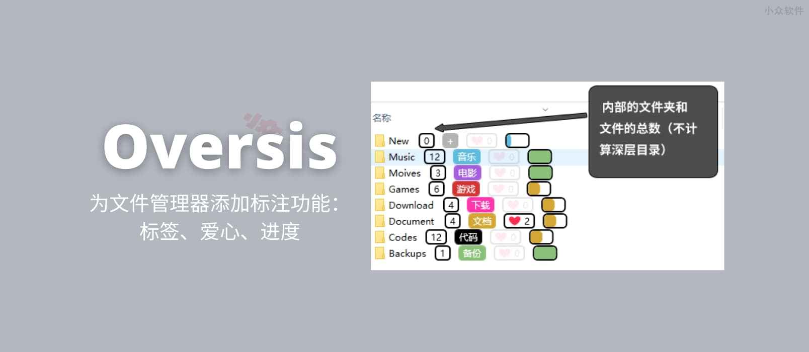 Oversis - 为文件管理器添加文件标注功能：标签、爱心、进度[Windows]