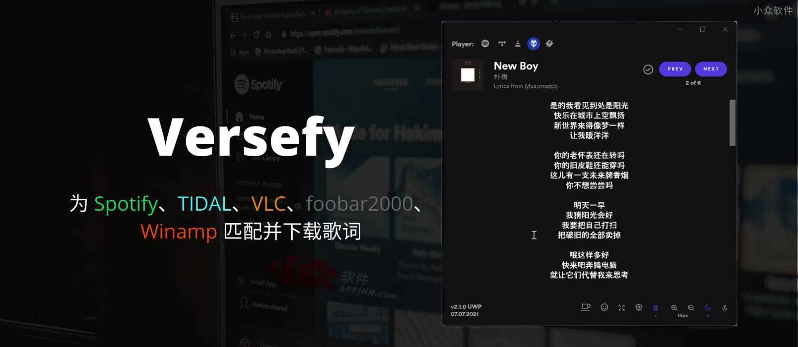 Versefy - 为 Spotify、TIDAL、VLC、foobar2000、Winamp 匹配并下载歌词[Windows] 1
