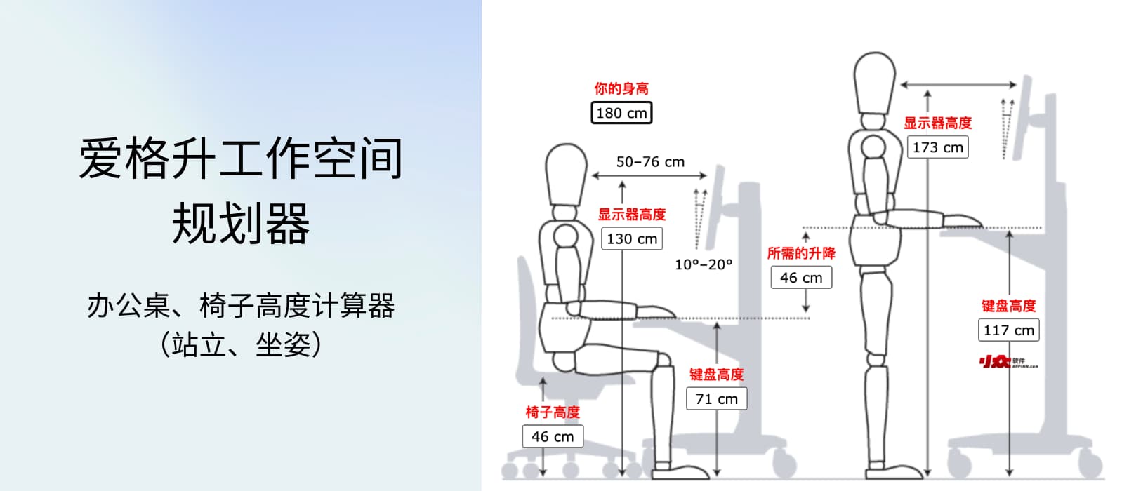爱格升工作空间规划器 – 更易懂的办公桌、椅子高度计算器（站立、坐姿）