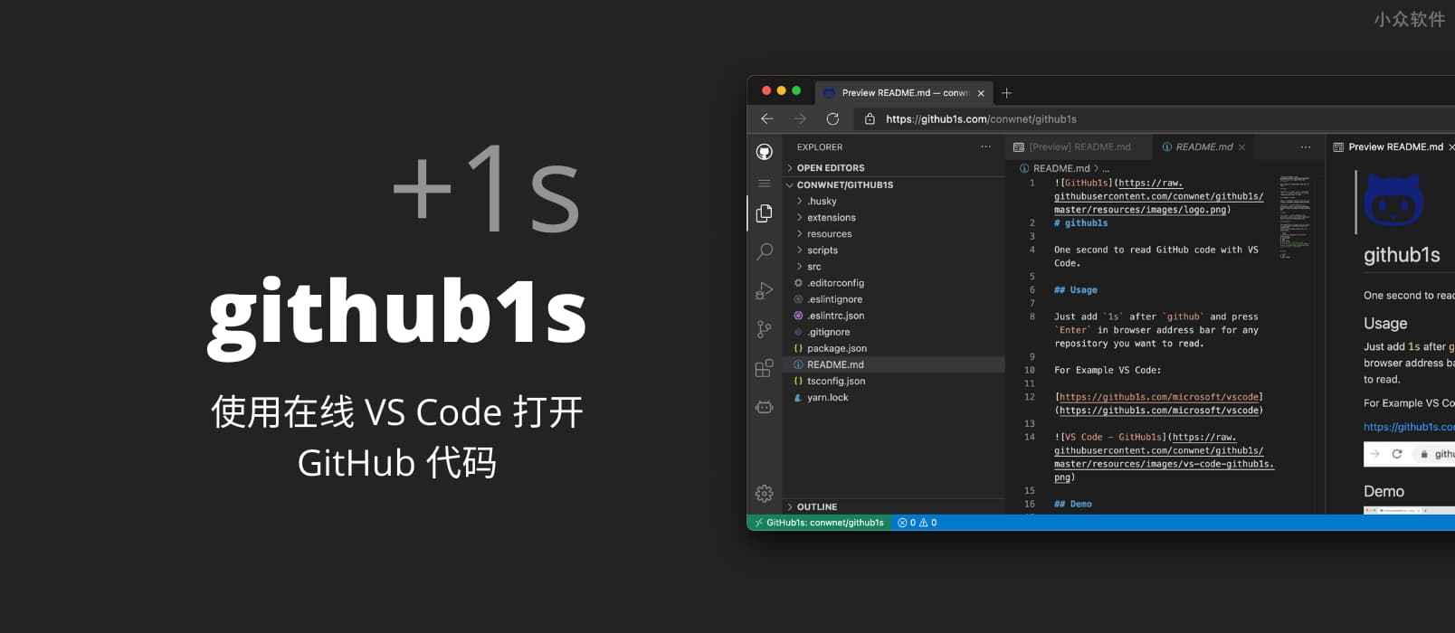 github1s - 为 GitHub +1s，使用在线 VS Code 打开 GitHub 上的代码 1