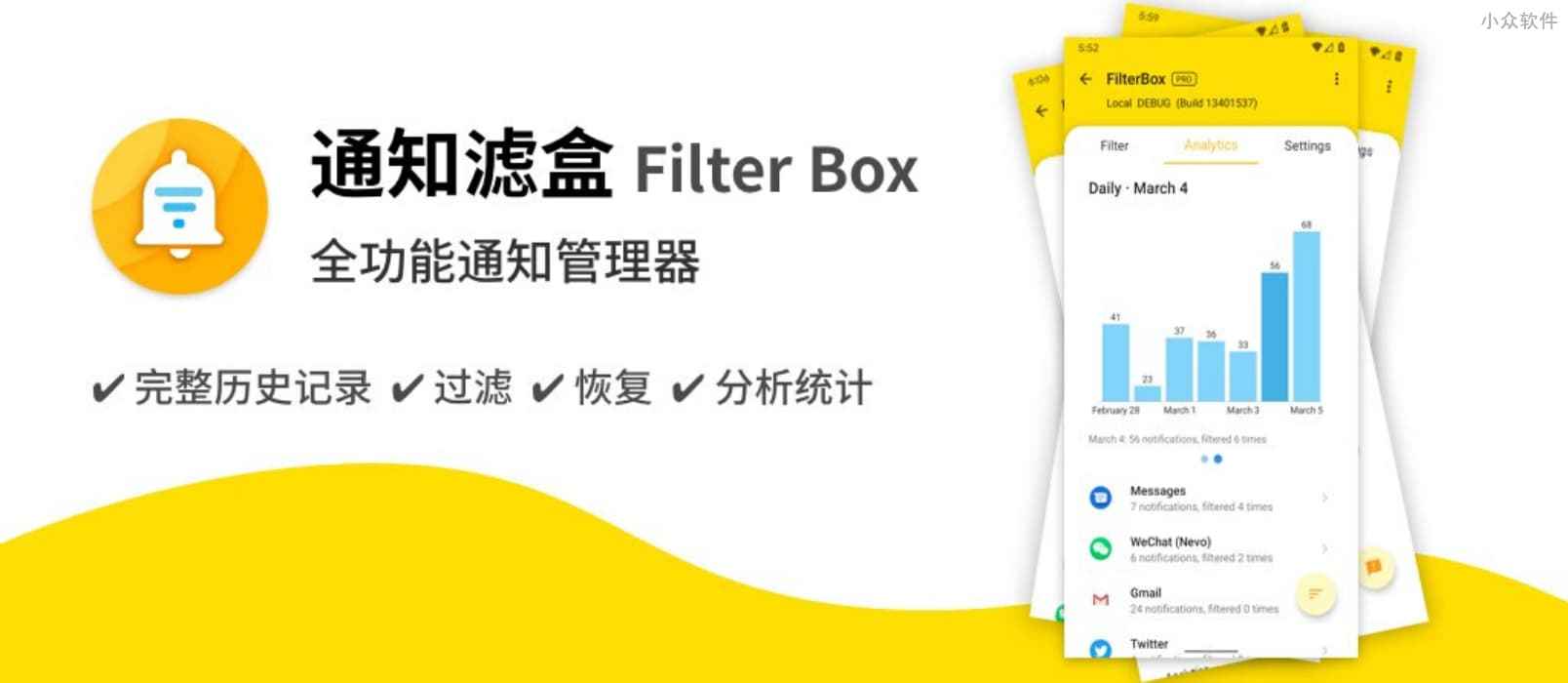 通知滤盒 Filter Box – 帮你保存、管理、统计所有的 Android 通知
