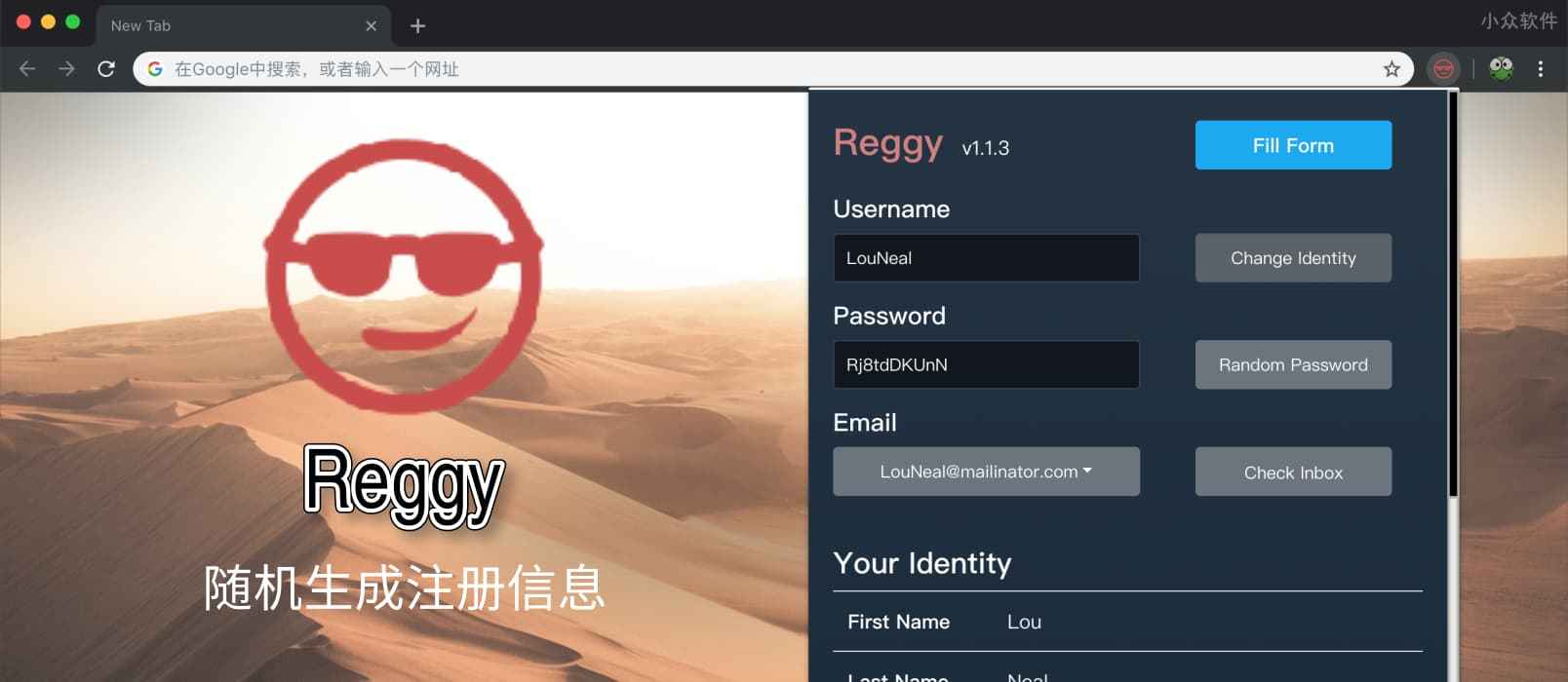 Reggy - 随机生成用户密码邮箱地址，一键填表，保护隐私[Chrome] 1