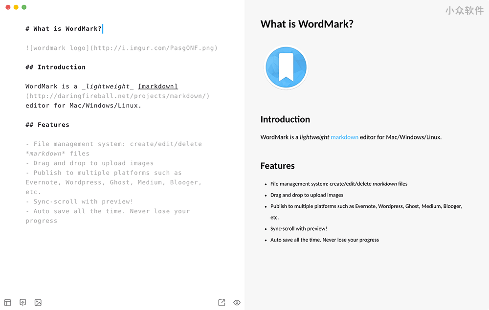 WordMark – 轻量级 Markdown 博客客户端/编辑器[Win/macOS/Linux]