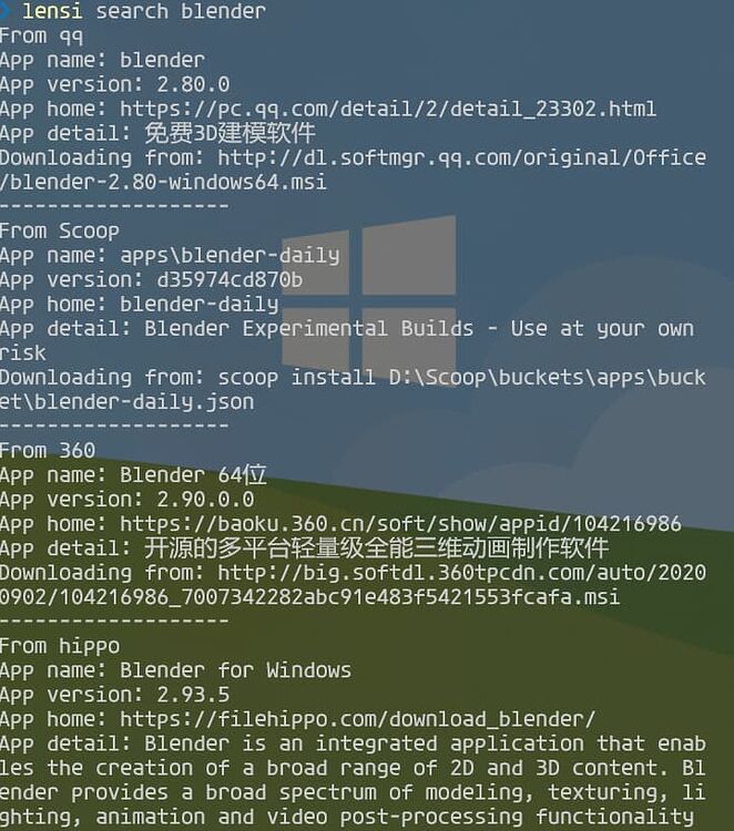 Lensi - 上初三的 @Lensit 同学发布支持 360、QQ、hippo、Scoop、Winget、Choco 包管理工具的聚合搜索命令行工具[Windows] 2