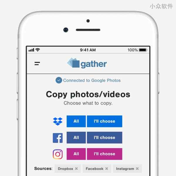 Gather - 将散落在 Dropbox, Instagram, Facebook 的图片备份至 Google Photos [Web] 2